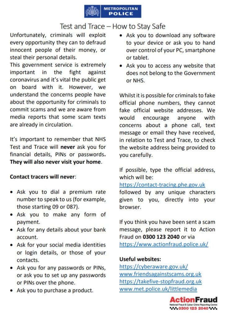 Test and Trace - How to Stay Safe - Police Advice
